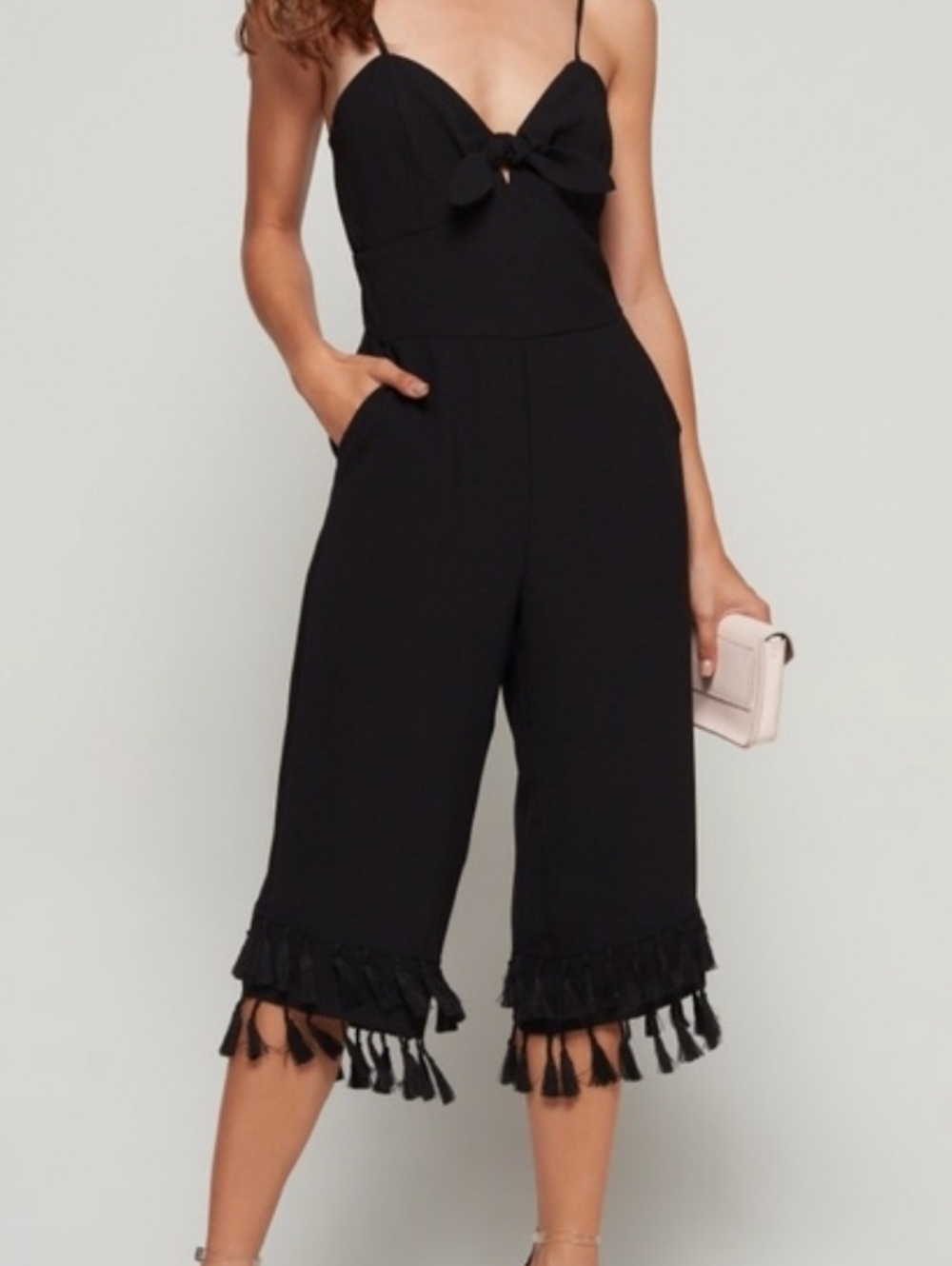 Adelyn Rae Black Spaghetti-Strap Tie-Front Jumpsuit with Tassel Hem